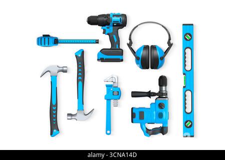 Assorted construction tools including drill, hammer, tape, wrench, and earmuffs isolated on white background with clipping path, concept of DIY Stock Photo