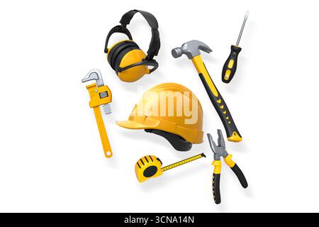 Various construction tools including wrench, hammer, pliers, and helmet isolated on white background with clipping path, concept of building work Stock Photo