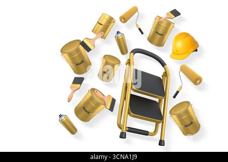 Assorted painting tools with buckets, brushes, rollers, spray cans, and ladder isolated on white background with clipping path, concept of renovation Stock Photo