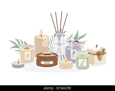 Set of burning cozy scented candles in jar flat cartoon vector illustrations. Aromatherapy and relax. Stock Vector