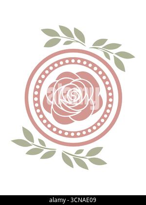 Elegant rose flower logo icon. Vector illustration of a stylized pink rose in a circular frame with green leaves, ideal for beauty, wedding, floral Stock Vector
