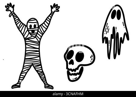 Halloween Theme Clipart Happy Mummy, Skull, and Ghost Characters in Fun Cartoon Style Illustration Set Stock Vector