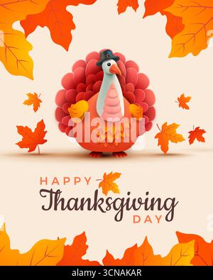 Thanksgiving banner background with a cute Thanksgiving turkey in 3d cartoon modern style and Happy Thanksgiving Day lettering - vertical vector illus Stock Vector