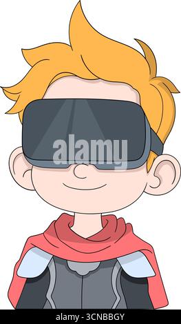 Cute cartoon sticker avatar of a boy wearing a virtual reality headset and futuristic costume, designed for gaming Stock Vector