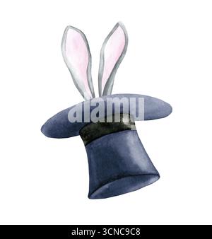 Watercolor illusionist hat with bunny ears. Circus magic trick illustration isolated on white background Stock Photo