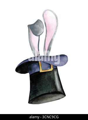Watercolor illusionist hat with bunny ears. Circus magic trick illustration isolated on white background Stock Photo