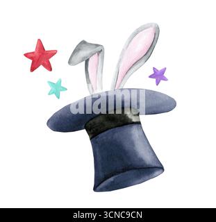 Watercolor illusionist hat with bunny ears. Circus magic trick illustration isolated on white background Stock Photo