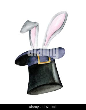 Watercolor illusionist hat with bunny ears. Circus magic trick illustration isolated on white background Stock Photo