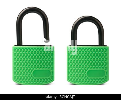 close-up of two padlocks with green textured body and black shackle, one open and one closed, mock-up template of security and protection concept Stock Photo