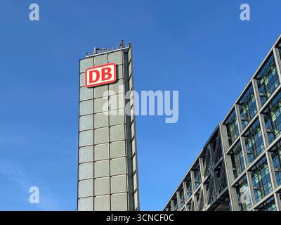 Sign with logo DB, Deutsche Bahn, North Rhine-Westphalia, Germany
