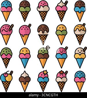 Colorful ice cream cone icon set illustrations Stock Vector