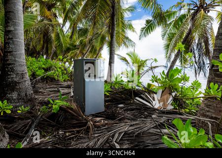 Abandoned refrigerator on tropical coastline under palm trees symbolizing pollution and waste Stock Photo