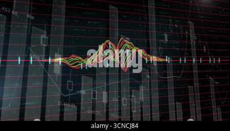 Displaying waveform chart moving across trading screen, with bar charts, grid lines, numeric labels Stock Photo