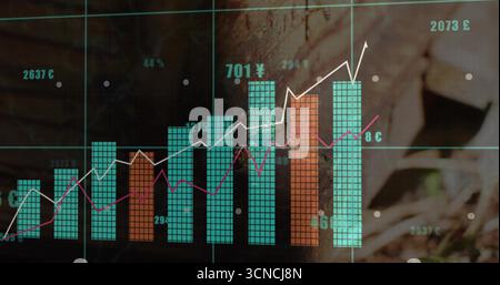 Displaying bar chart on wood backdrop, showing teal and orange bars, €¥£¢ labels, two line graphs Stock Photo