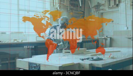 African American carpenter apron-clad shaping plank using plane at workbench with world map overlay Stock Photo
