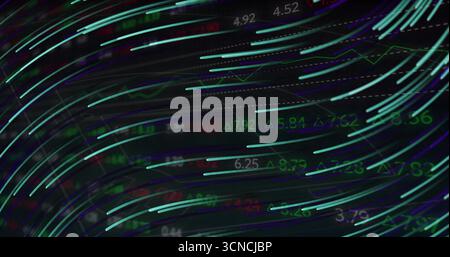 Showing data visualization on screen, featuring curved neon lines numeric data triangles grid lines Stock Photo