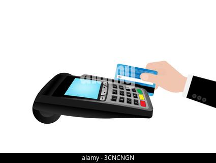 Hand Swiping Credit Card For Making Payment by using POS - Point of Sale Terminal or Credit Card Reader Machine. Vector Illustration. Stock Vector