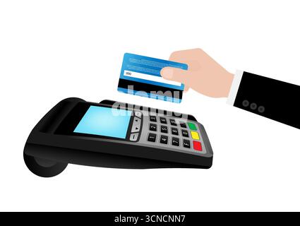 Hand Swiping Credit Card For Making Payment by using POS - Point of Sale Terminal or Credit Card Reader Machine. Vector Illustration. Stock Vector