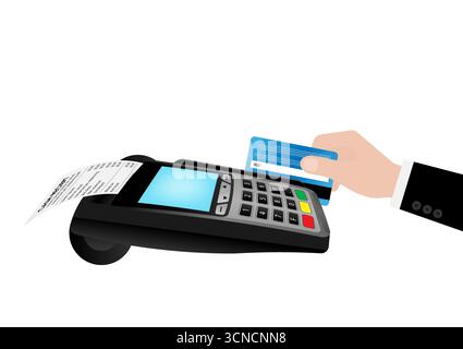 Hand Swiping Credit Card For Making Payment by using POS - Point of Sale Terminal or Credit Card Reader Machine. Vector Illustration. Stock Vector