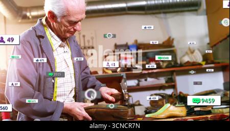 Inspecting shoemaker wearing blue jacket in shoe repair shop, with leather upper and metal last Stock Photo