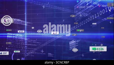 Streaming binary code forming data stream in cyberspace, with thumbs-up icons and chat bubbles Stock Photo