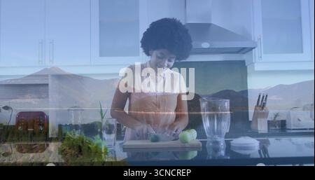 Woman wearing pink blouse chopping green apples on cutting board in home kitchen, with red toaster Stock Photo