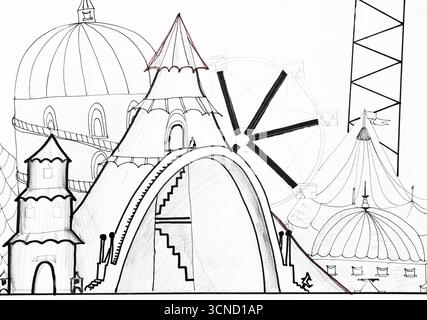 sketch of various exotic urban buildings, hand-drawn with black pencil and marker on white paper Stock Photo