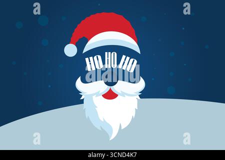 A festive Santa face illustration vector featuring a classic red cap, white beard, and cheerful "Ho Ho Ho" text on a bright blue background. Stock Vector