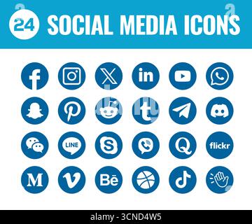 Mono Color Round Social Media Icons Set Stock Vector