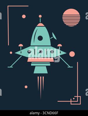 Retro Spacecraft Launching: Pixel Art Rocket Design for Space Exploration, Design For T-shirt Stock Vector