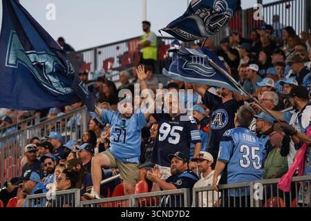 Toronto, Canada. 19th Sep, 2025. TorontovArgonauts Fans support their team during the week 16 CFL football game 2025 between Toronto Argonauts and Montreal Alouettes at BMO Field. on September 19, 2025 in Toronto, Canada. (Photo by Leonardo Ramirez/Eyepix Group/Sipa USA) Credit: Sipa USA/Alamy Live News Stock Photo