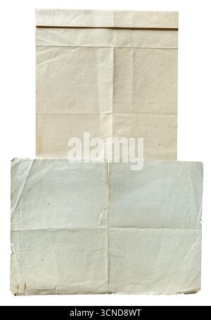 two glued together unfolded blank sheets of old gray paper isolated on white background Stock Photo