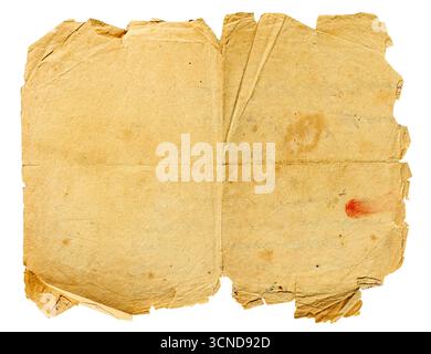 spread of yellow ancient paper with red stains isolated on white background Stock Photo