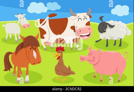 Cartoon illustration of happy farm animal characters group in the meadow Stock Vector