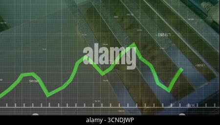 Displaying green line graph spanning grid overlay, with numeric labels over diagonal metal beams Stock Photo