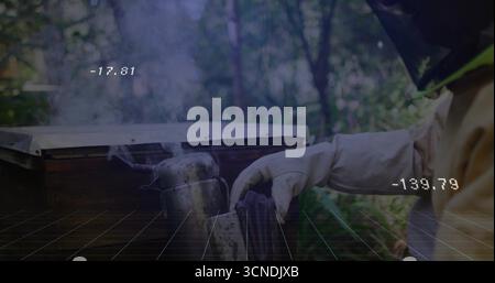 Beekeeper in suit manipulating hive tool beside wooden hive box at apiary, metal smoker, copy space Stock Photo