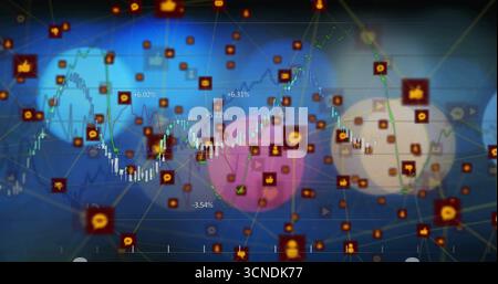 Displaying candlestick chart with line graph on dashboard featuring social icons and network lines Stock Photo