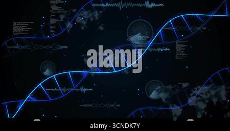 Displaying glowing blue DNA helix twisting in virtual data space, with code blocks and radar charts Stock Photo