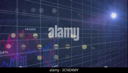Displaying data graphs tracing red and blue lines on digital dashboard, featuring bars, flare Stock Photo