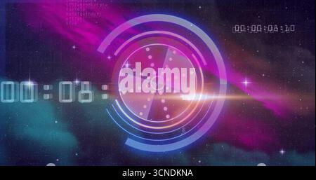 Displaying HUD overlaying nebula, with grid ring segments digital timers lens flare star sparkles Stock Photo