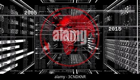 Projecting red world map overlaying circular interface in data corridor, with streaming code Stock Photo