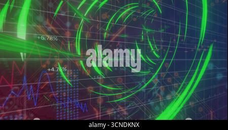 Swirling neon green rings rotating over dark blue grid, with red line charts and percentage labels Stock Photo