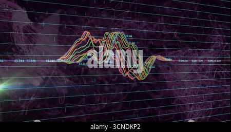 Displaying neon waveforms on digital screen with grid lines, numeric labels 43 Stock Photo