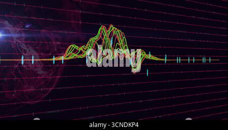 Displaying neon-colored waveforms undulating with sphere and cyan bars over magenta grid lines Stock Photo