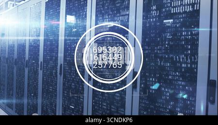 Displaying server cabinets showing network modules in data center corridor, with circular overlay Stock Photo