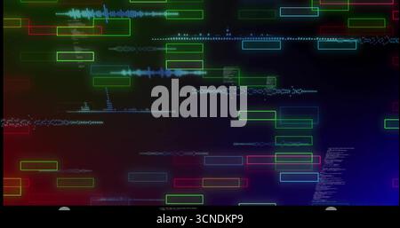 Displaying data visualization on dark gradient backdrop, showing neon rectangles and waveforms Stock Photo