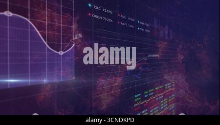Displaying dashboard floating on virtual trading screen, with 3D line graphs and stock tickers Stock Photo