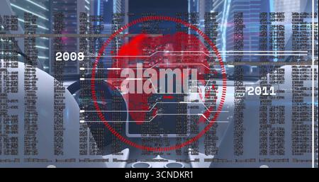 Displaying futuristic heads-up display showing red world map with code overlay in vehicle console Stock Photo