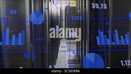 Displaying server room aisle with LED lit racks, raised tiles, cable trays and blue data overlays Stock Photo