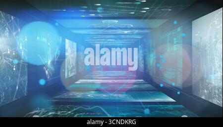 Floating holographic lock icon with shield outline glowing in digital corridor, with data streams Stock Photo